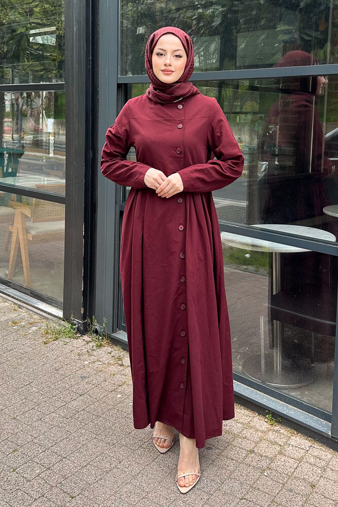 Tiara Boydan Düğmeli Elbise - Bordo - 5