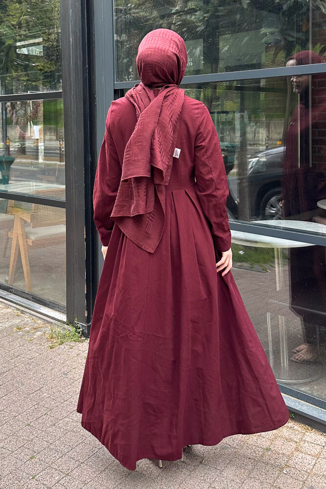 Tiara Boydan Düğmeli Elbise - Bordo - 8