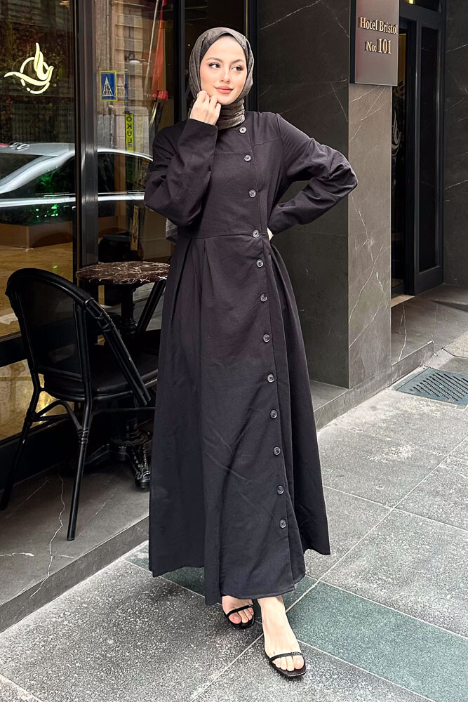 Tiara Boydan Düğmeli Elbise - Siyah - LİNE (4)