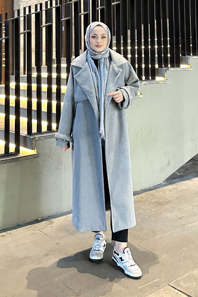 Timeless Kaşe Uzun Kaban - Gri - 6