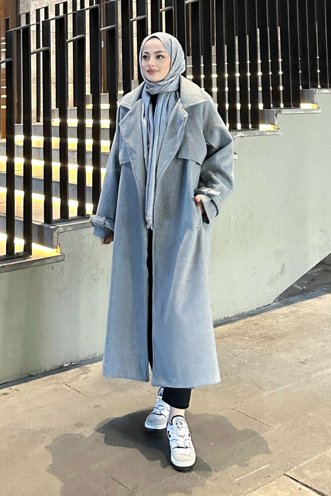 Timeless Kaşe Uzun Kaban - Gri - 1