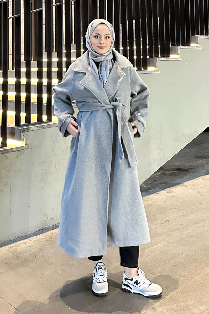 Timeless Kaşe Uzun Kaban - Gri - 4