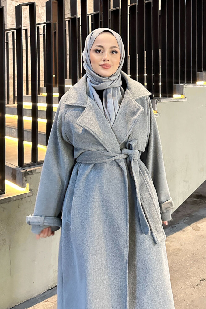 Timeless Kaşe Uzun Kaban - Gri - 8