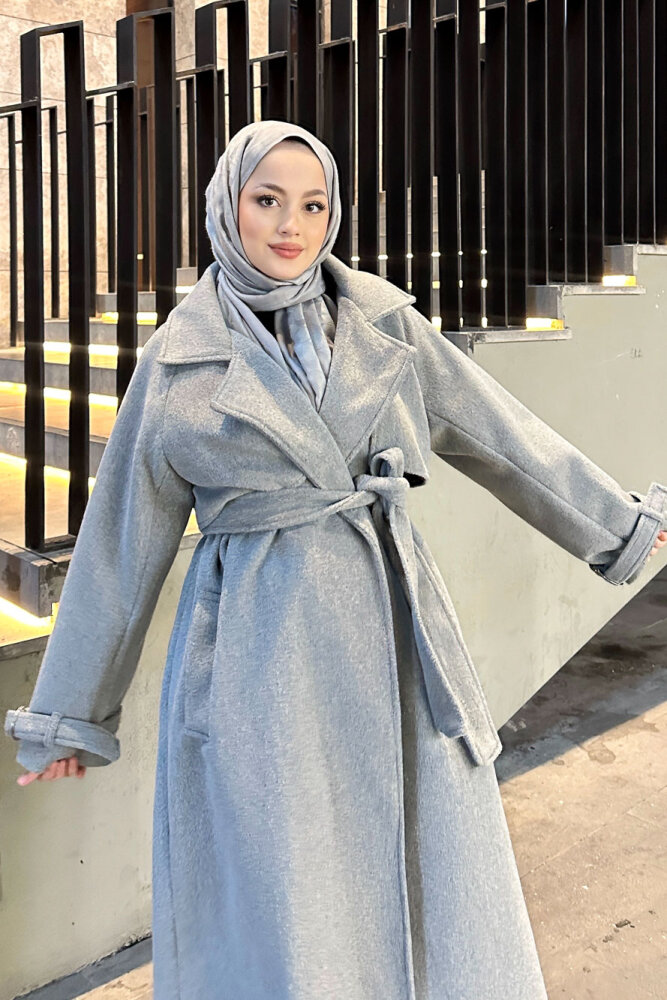 Timeless Kaşe Uzun Kaban - Gri - 2