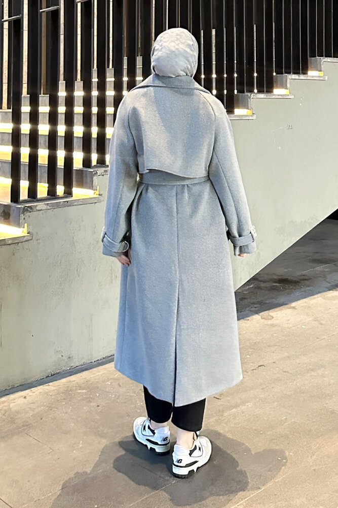 Timeless Kaşe Uzun Kaban - Gri - 5