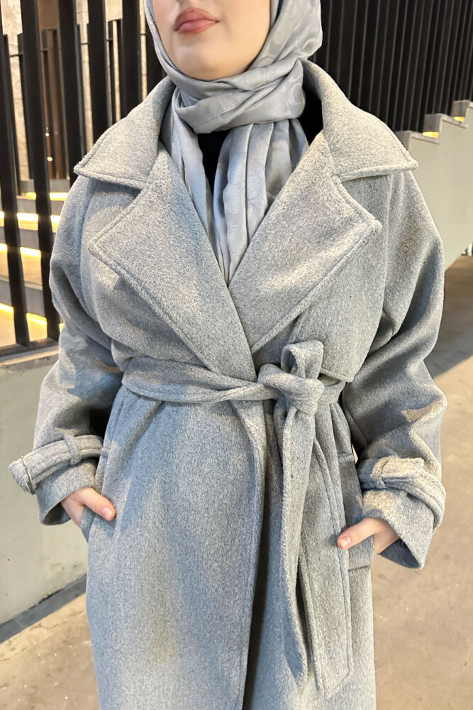 Timeless Kaşe Uzun Kaban - Gri - 7