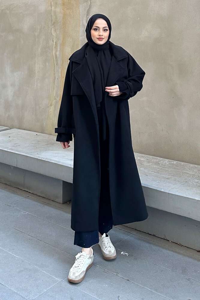 Timeless Kaşe Uzun Kaban - Siyah - JOUE (3)