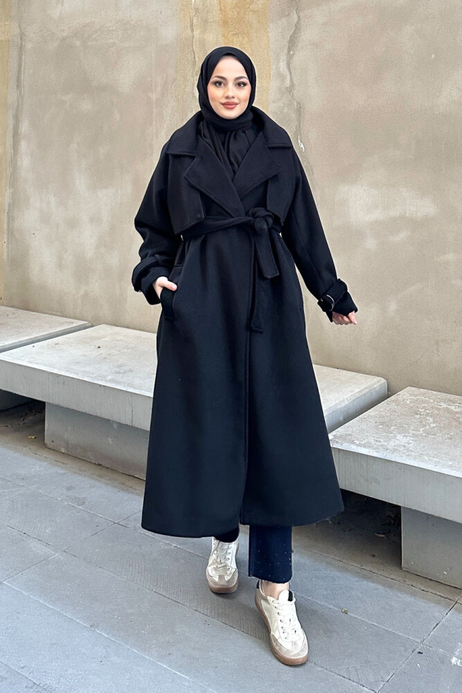 Timeless Kaşe Uzun Kaban - Siyah - 1