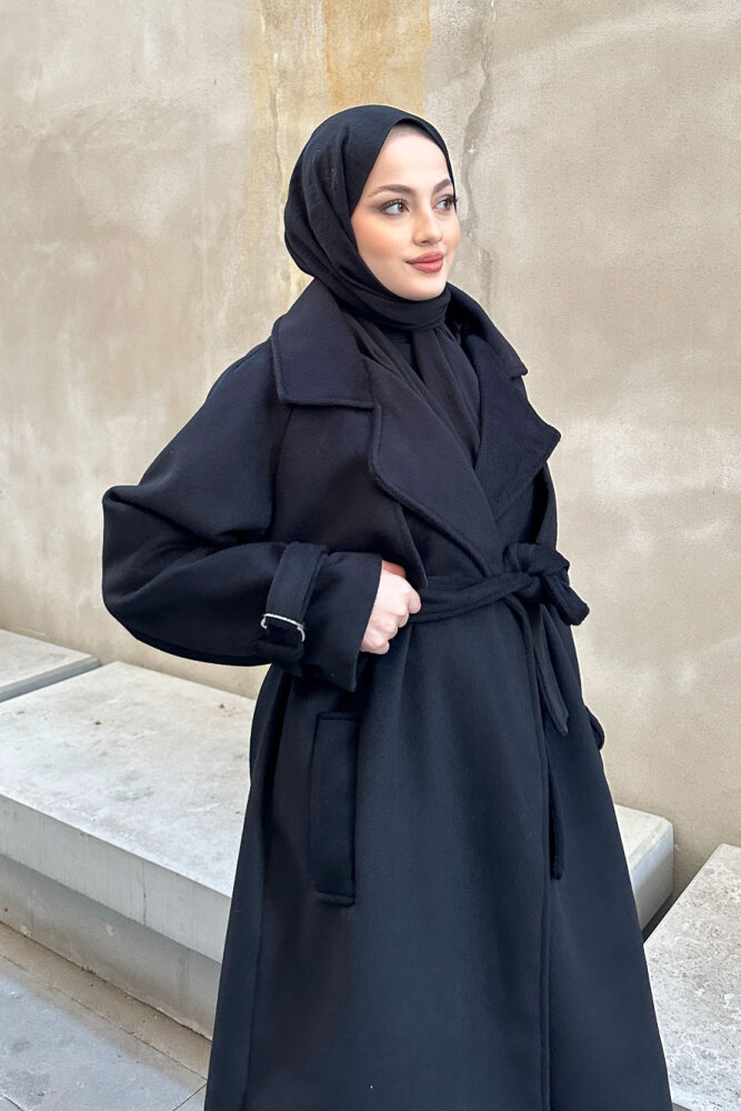 Timeless Kaşe Uzun Kaban - Siyah - 8