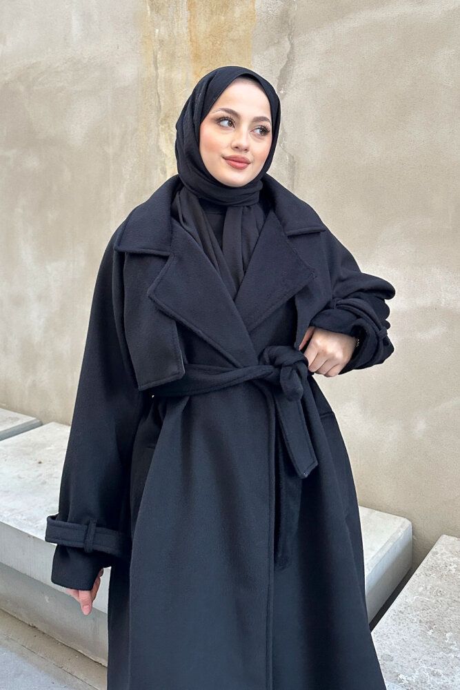 Timeless Kaşe Uzun Kaban - Siyah - JOUE (1)