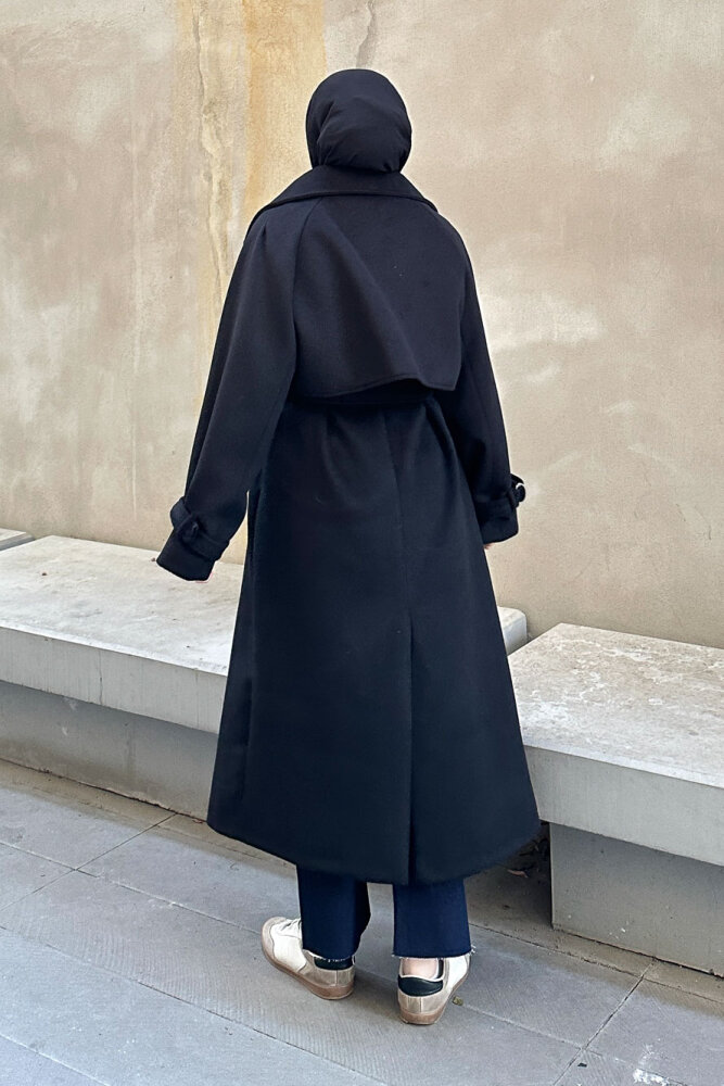 Timeless Kaşe Uzun Kaban - Siyah - 5