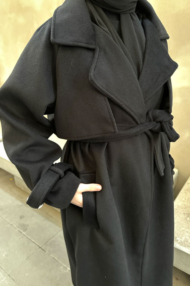 Timeless Kaşe Uzun Kaban - Siyah - 7