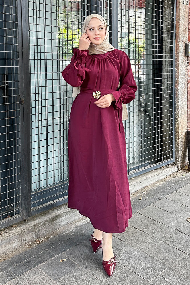 Toka Detaylı Modal Elbise - Bordo - 8
