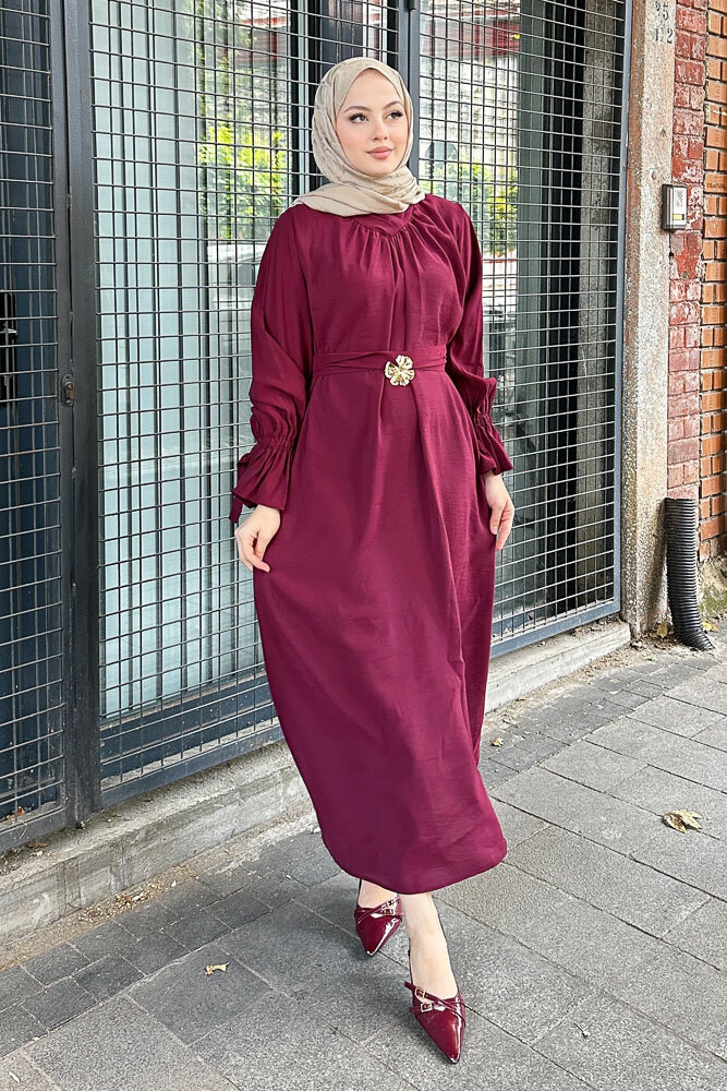 Toka Detaylı Modal Elbise - Bordo - 1