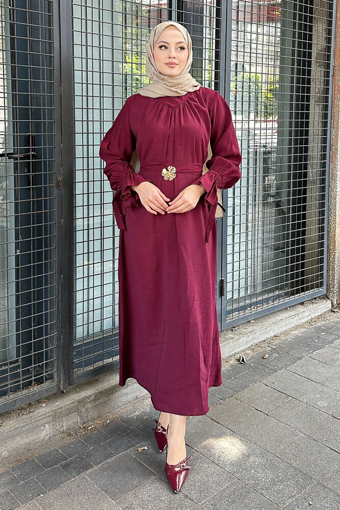 Toka Detaylı Modal Elbise - Bordo - 5