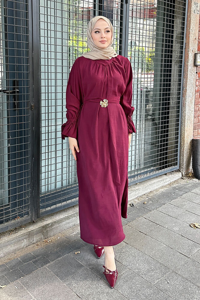 Toka Detaylı Modal Elbise - Bordo - 6