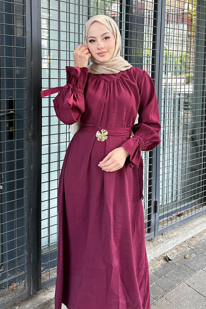Toka Detaylı Modal Elbise - Bordo - 2