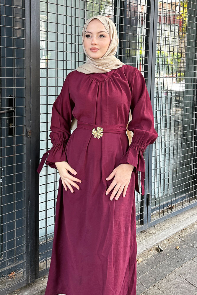 Toka Detaylı Modal Elbise - Bordo - 4