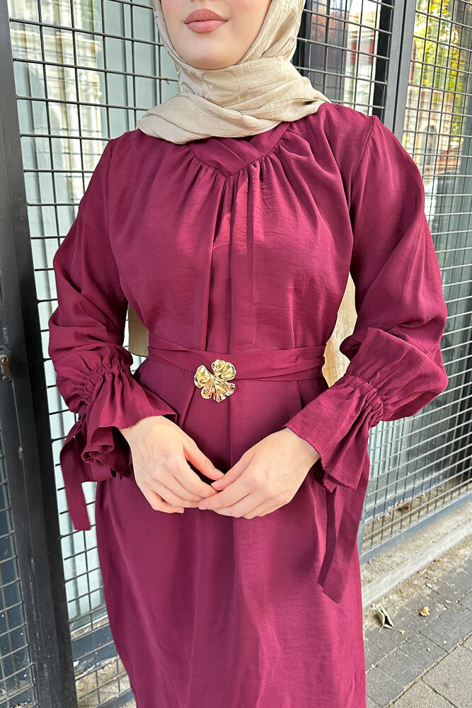 Toka Detaylı Modal Elbise - Bordo - 3