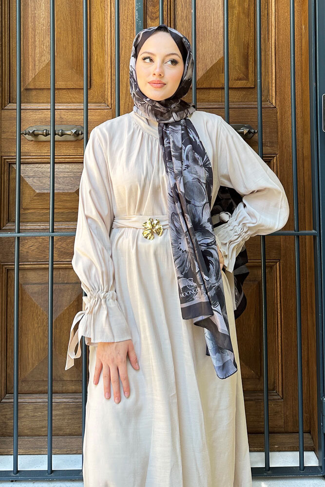 Toka Detaylı Modal Elbise - Taş Rengi - 1