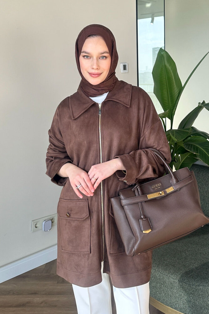 Torba Cepli Fermuarlı Süet Ceket - Kahverengi - 5