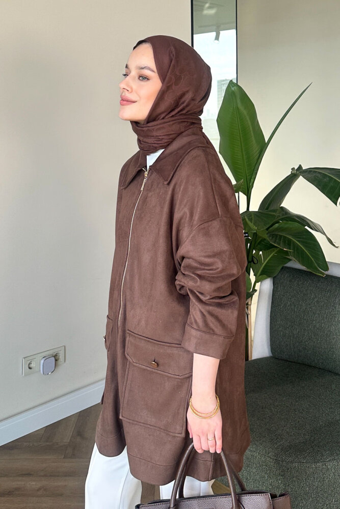 Torba Cepli Fermuarlı Süet Ceket - Kahverengi - İKOL (2)