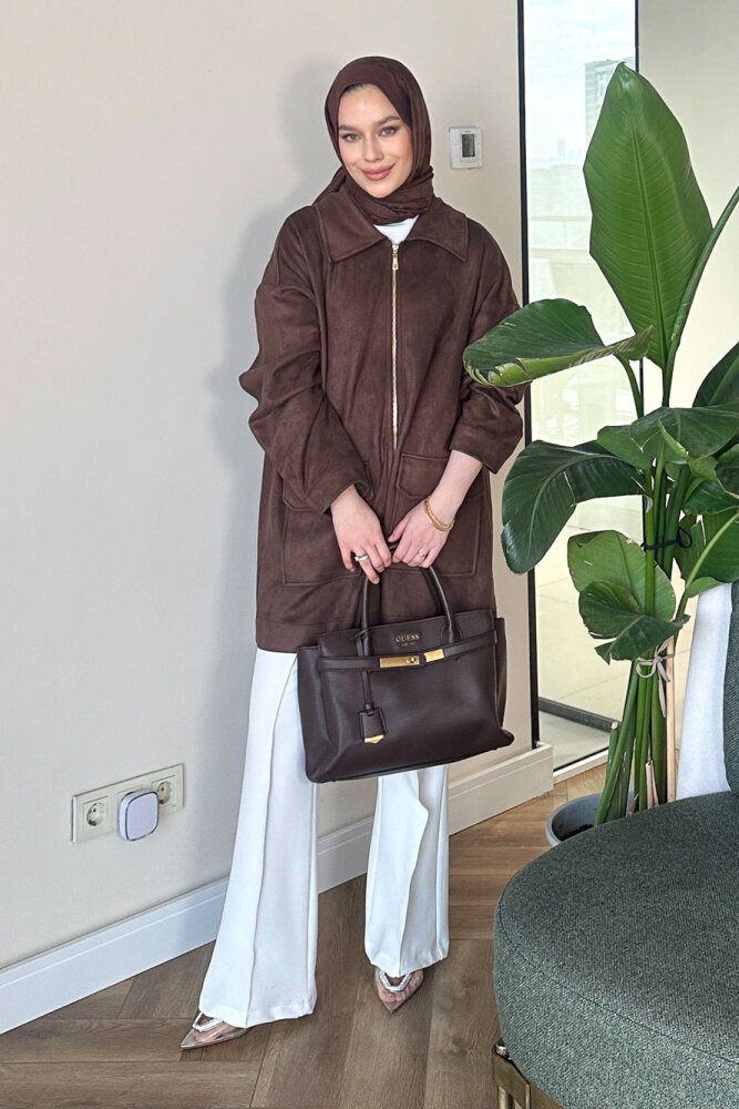 Torba Cepli Fermuarlı Süet Ceket - Kahverengi - 2