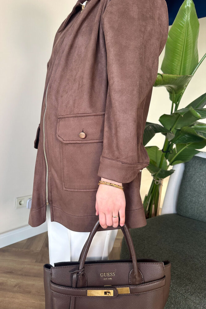Torba Cepli Fermuarlı Süet Ceket - Kahverengi - 7