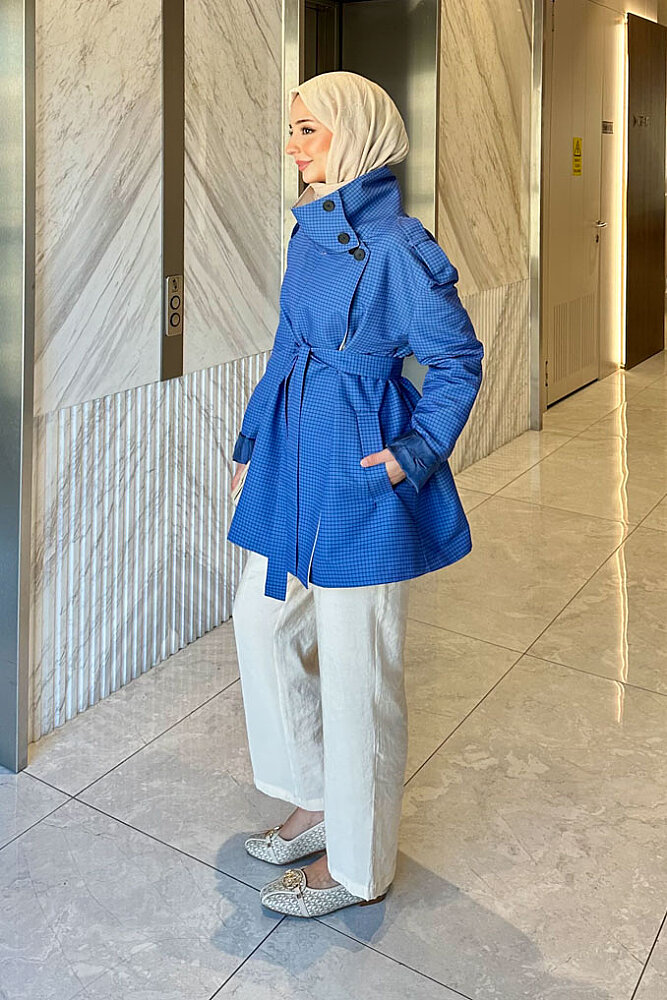Torino Chic Pötikare Kısa Trenç - Saks Mavisi - 6