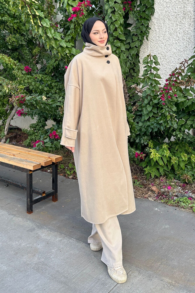 TriLine 3 Düğmeli Kaşe Kaban - Bej - ALLMİSS (1)