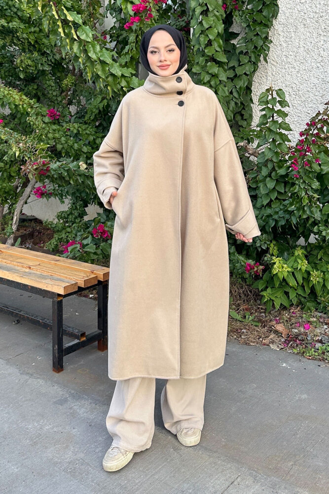 TriLine 3 Düğmeli Kaşe Kaban - Bej - ALLMİSS (4)