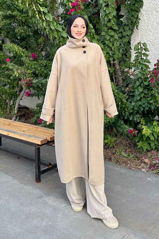 TriLine 3 Düğmeli Kaşe Kaban - Bej - 1