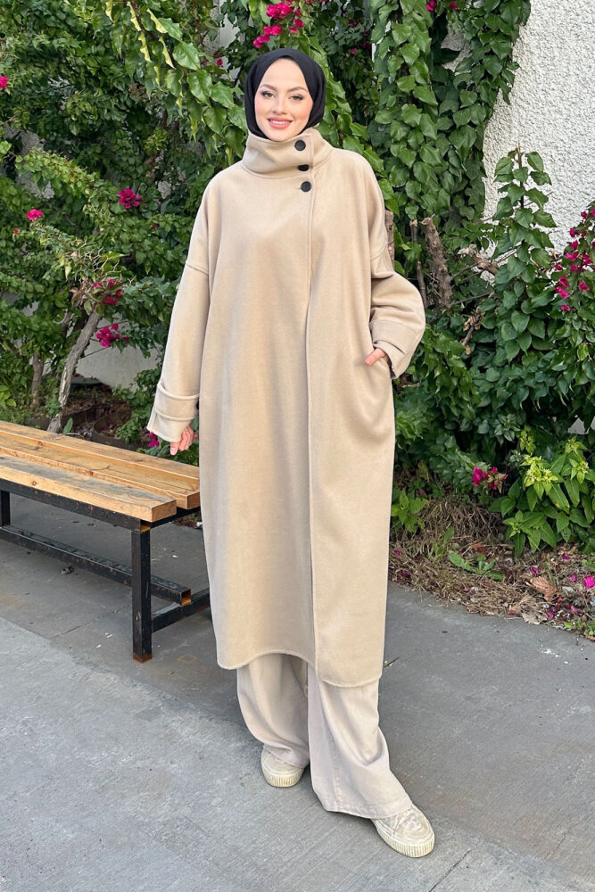 TriLine 3 Düğmeli Kaşe Kaban - Bej - 7