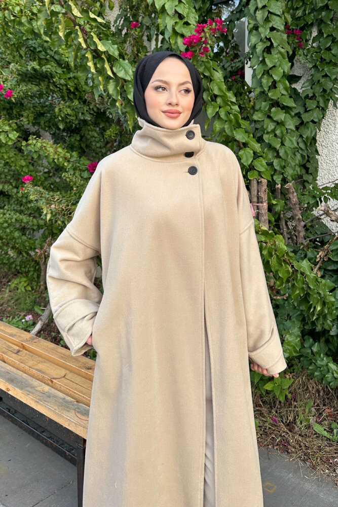 TriLine 3 Düğmeli Kaşe Kaban - Bej - ALLMİSS (2)