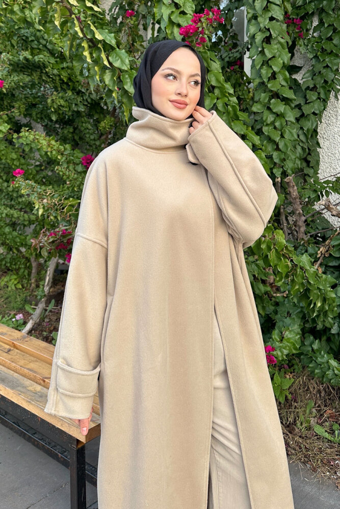 TriLine 3 Düğmeli Kaşe Kaban - Bej - ALLMİSS (5)