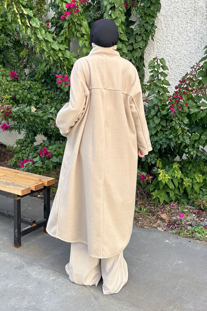 TriLine 3 Düğmeli Kaşe Kaban - Bej - 8