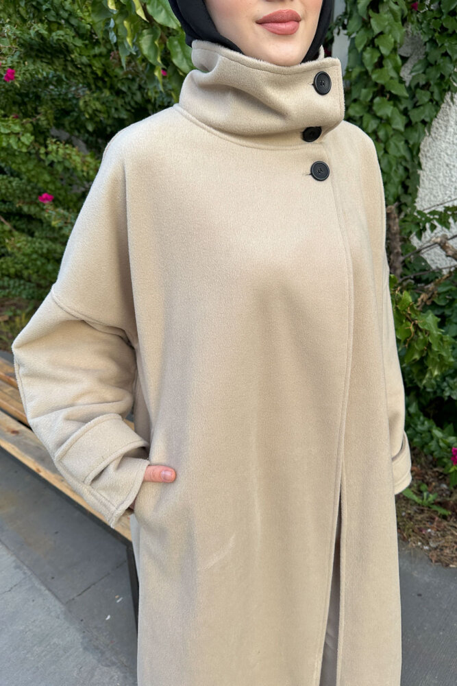 TriLine 3 Düğmeli Kaşe Kaban - Bej - ALLMİSS (3)