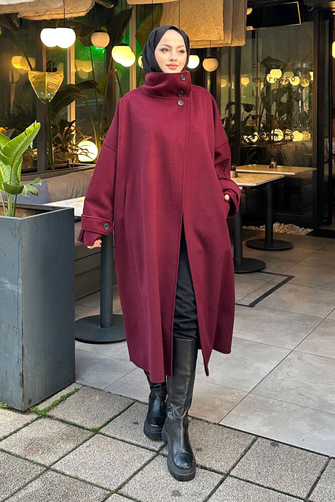 TriLine 3 Düğmeli Kaşe Kaban - Bordo - 3