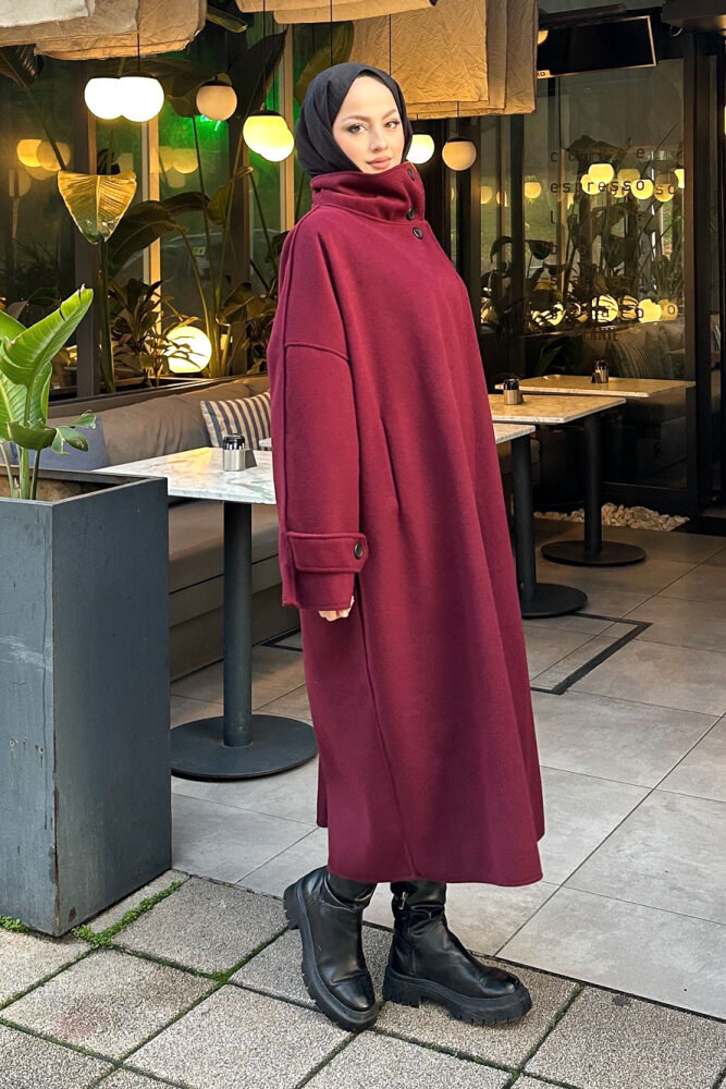 TriLine 3 Düğmeli Kaşe Kaban - Bordo - 4