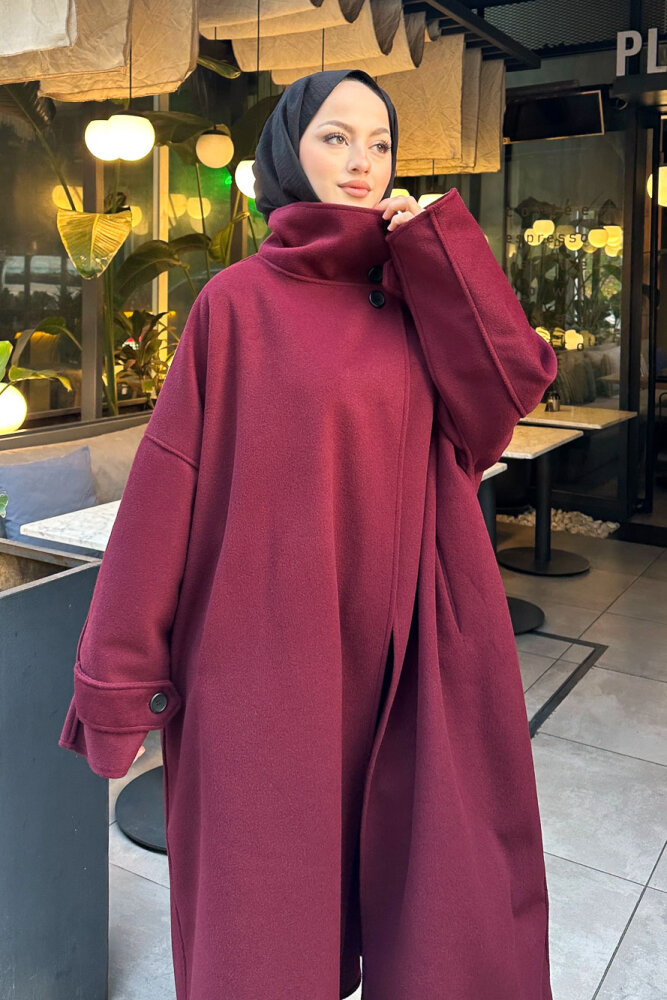 TriLine 3 Düğmeli Kaşe Kaban - Bordo - 7