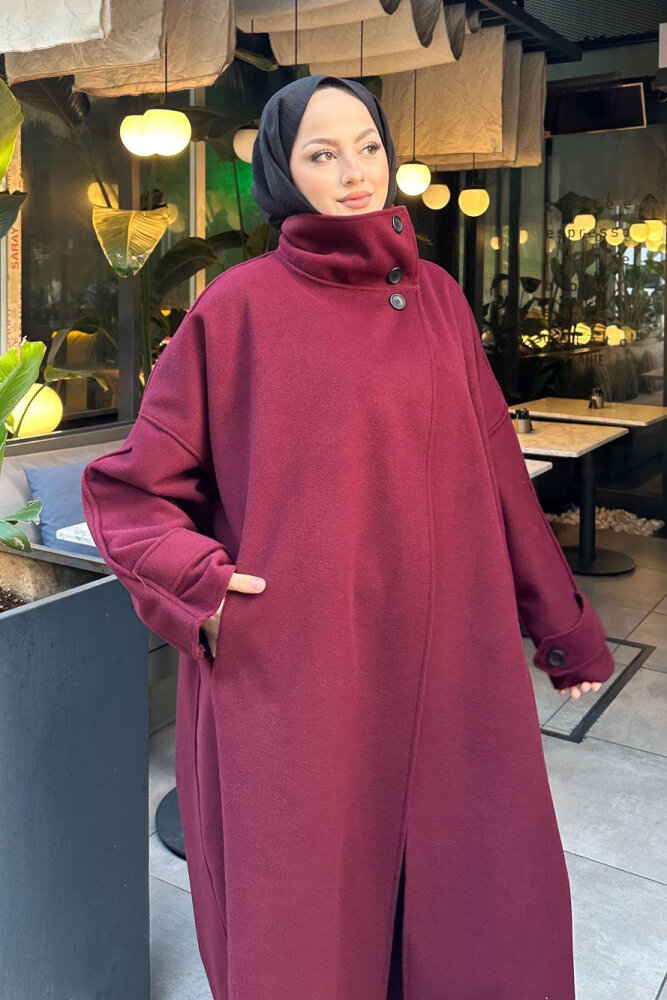 TriLine 3 Düğmeli Kaşe Kaban - Bordo - 5