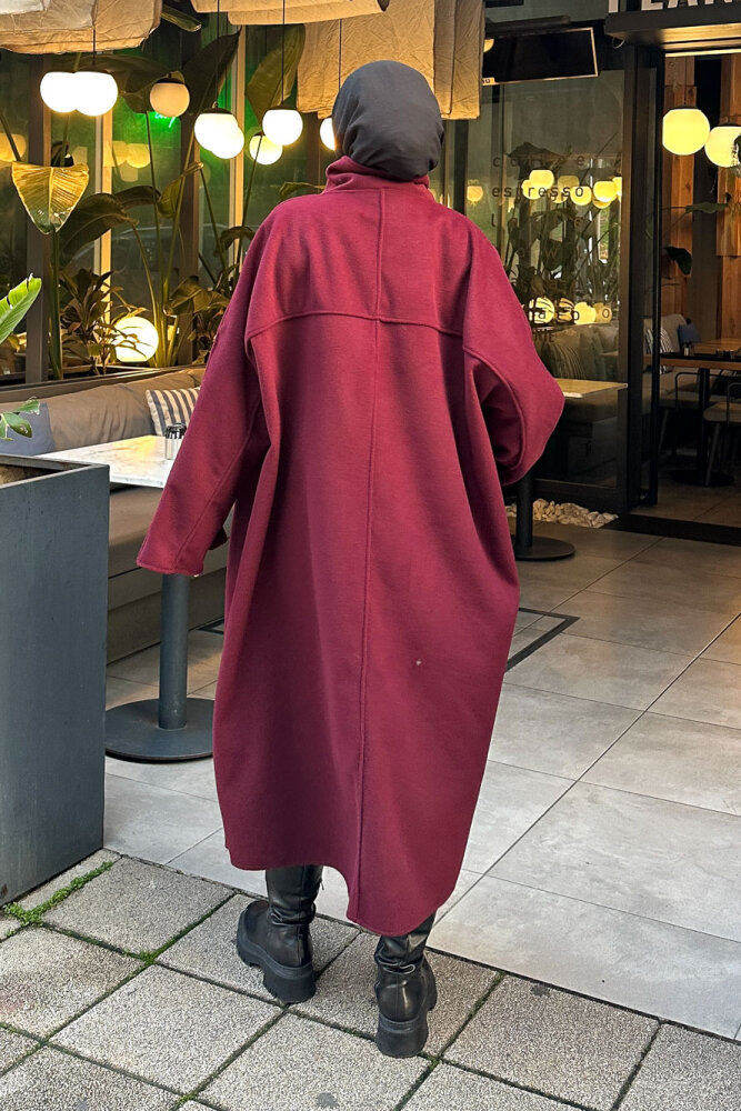 TriLine 3 Düğmeli Kaşe Kaban - Bordo - 8