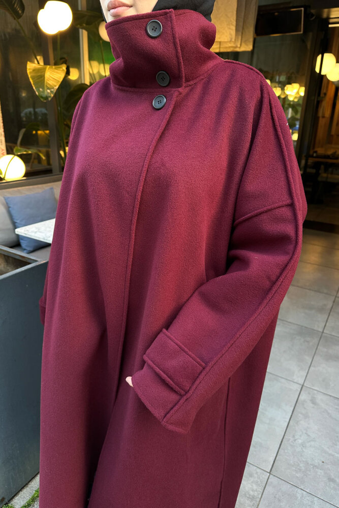 TriLine 3 Düğmeli Kaşe Kaban - Bordo - 2