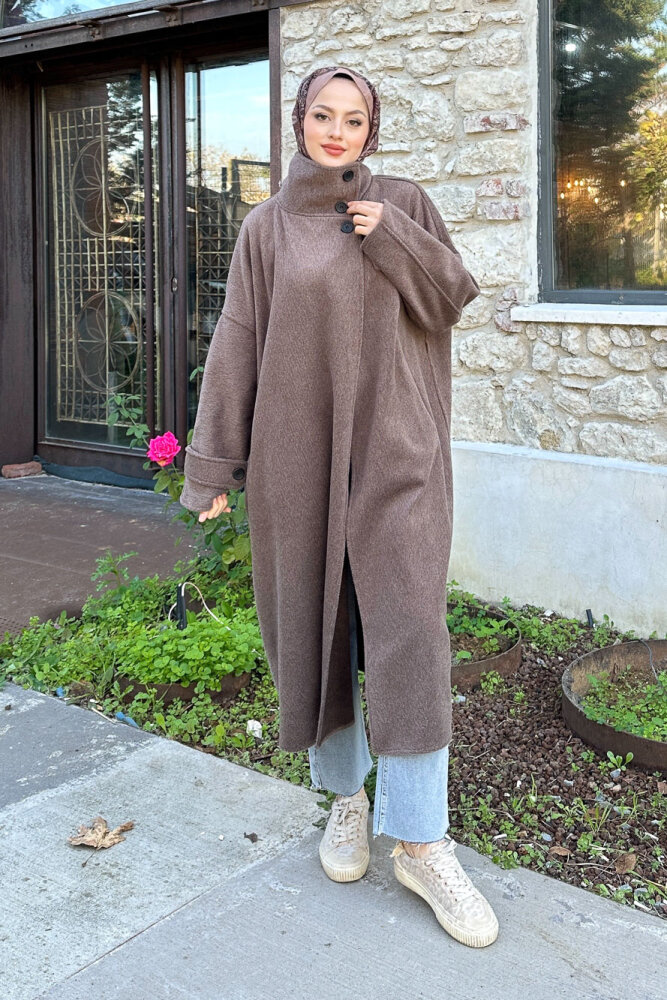 TriLine 3 Düğmeli Kaşe Kaban - Kahverengi - 3