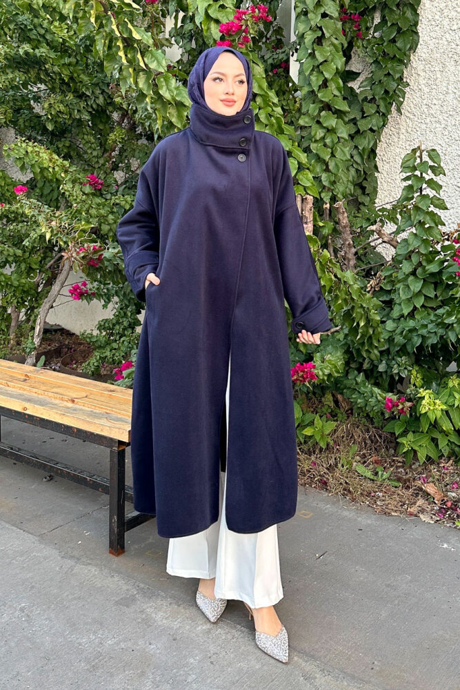 TriLine 3 Düğmeli Kaşe Kaban - Lacivert - 2