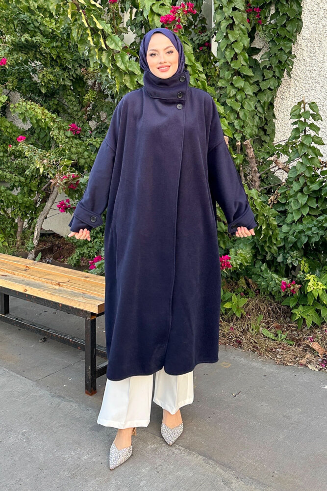 TriLine 3 Düğmeli Kaşe Kaban - Lacivert - 1