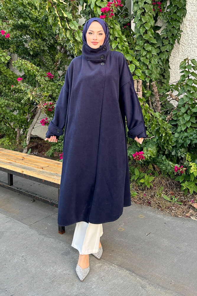 TriLine 3 Düğmeli Kaşe Kaban - Lacivert - 5