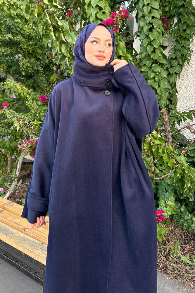 TriLine 3 Düğmeli Kaşe Kaban - Lacivert - 3