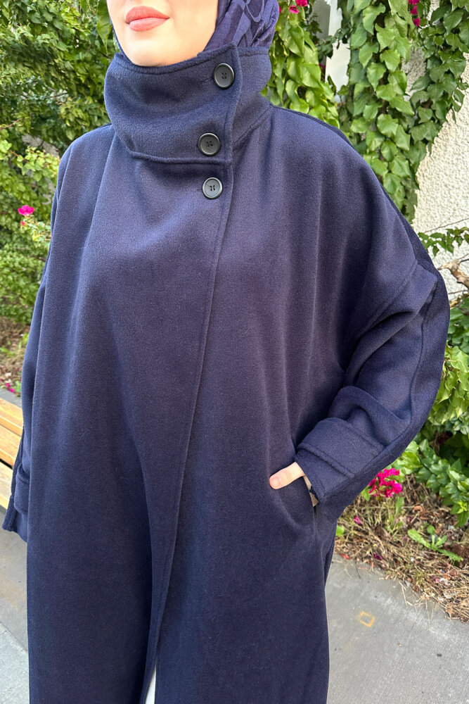 TriLine 3 Düğmeli Kaşe Kaban - Lacivert - 4