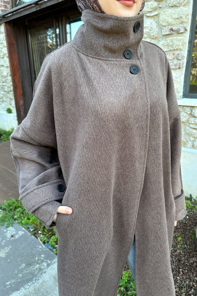 TriLine 3 Düğmeli Kaşe Kaban - Vizon - ALLMİSS (2)